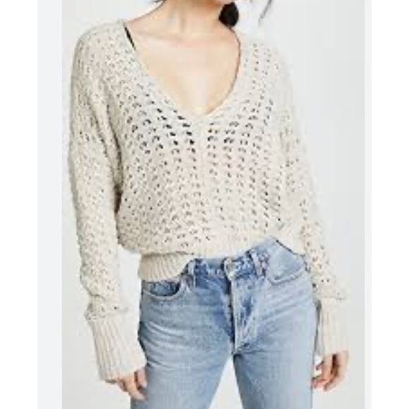 Free People Sweater Women's XS Tan Best Of You V Neck Open Knit Oversized - Picture 1 of 7